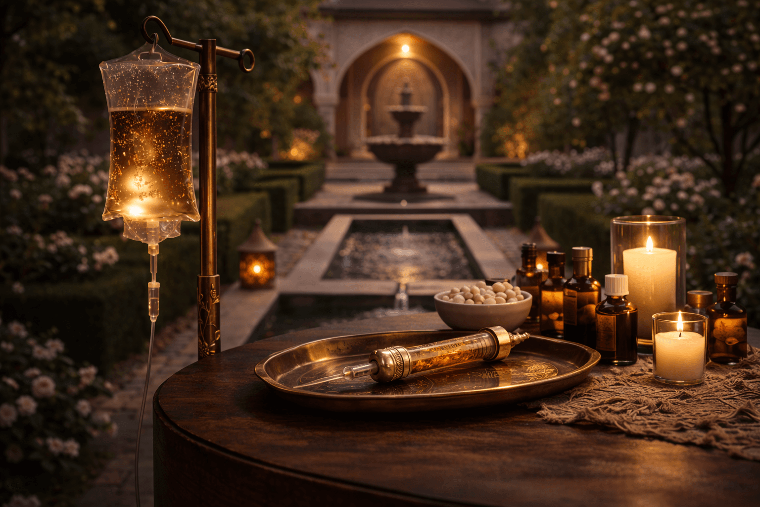 Ruh Revival treatment room, fountain and candlelight