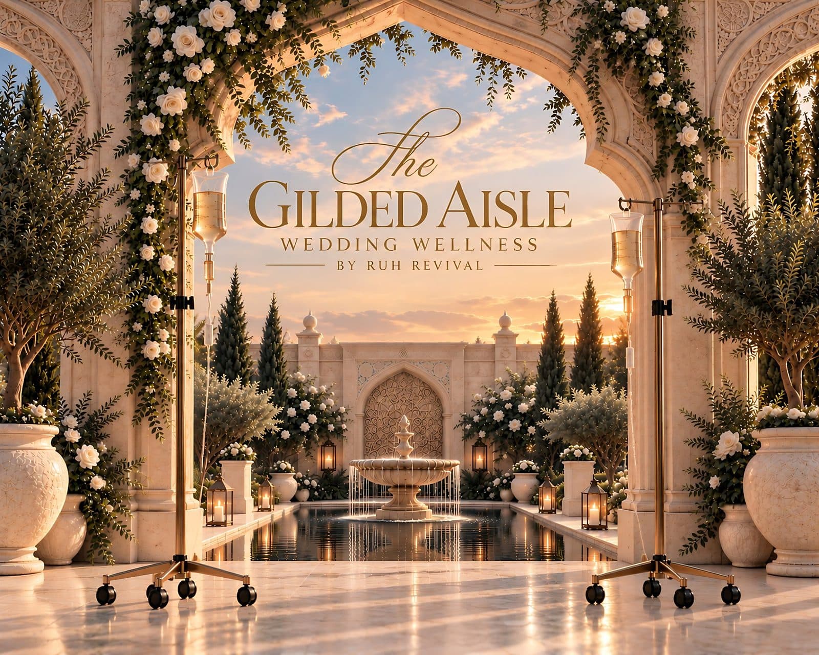 A carved ivory garden arch dressed in white roses, framing a courtyard fountain at sunset, with two gold IV stands at either side.
